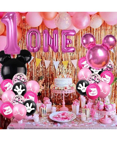 Minnie First Birthday Balloons Pink and Black Minnie Inspired First Year Banner Minnie One Balloons Mouse Girls 1st Birthday ...