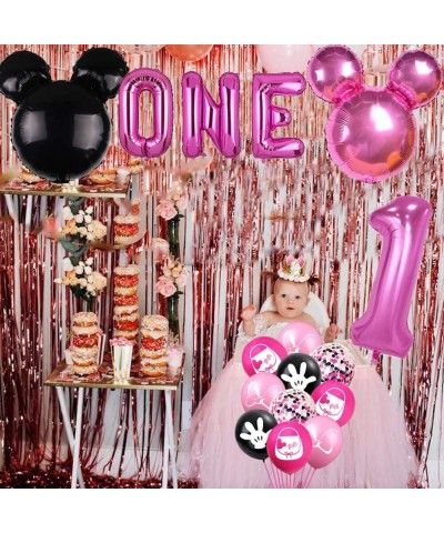 Minnie First Birthday Balloons Pink and Black Minnie Inspired First Year Banner Minnie One Balloons Mouse Girls 1st Birthday ...