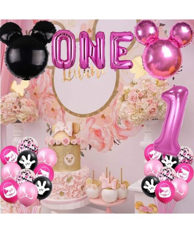 Minnie First Birthday Balloons Pink and Black Minnie Inspired First Year Banner Minnie One Balloons Mouse Girls 1st Birthday ...