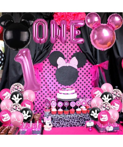 Minnie First Birthday Balloons Pink and Black Minnie Inspired First Year Banner Minnie One Balloons Mouse Girls 1st Birthday ...