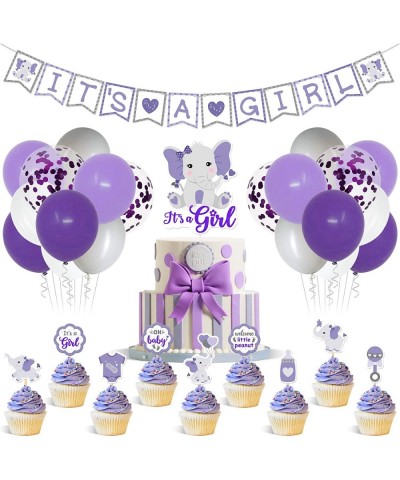 Purple Elephant Baby Shower Decor Purple and Gray It’s a Girl Banner Cake Topper Cupcake Toppers Latex Balloons for Girl Baby...