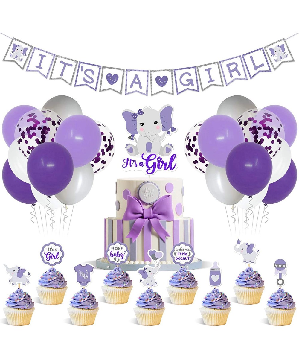 Purple Elephant Baby Shower Decor Purple and Gray It’s a Girl Banner Cake Topper Cupcake Toppers Latex Balloons for Girl Baby...