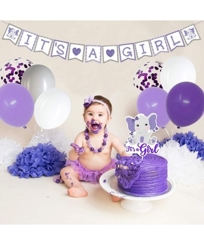 Purple Elephant Baby Shower Decor Purple and Gray It’s a Girl Banner Cake Topper Cupcake Toppers Latex Balloons for Girl Baby...