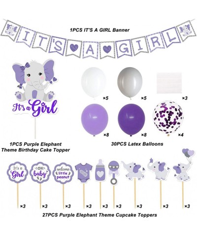 Purple Elephant Baby Shower Decor Purple and Gray It’s a Girl Banner Cake Topper Cupcake Toppers Latex Balloons for Girl Baby...