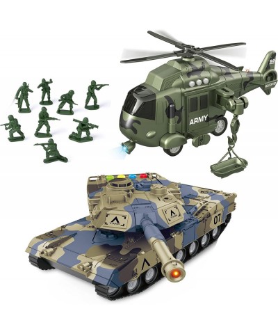 Friction Powered Toy Military Vehicle for Boys Army Rescue Helicopter and Tank Battle Truck Toy Pretend Play Action Lights an...