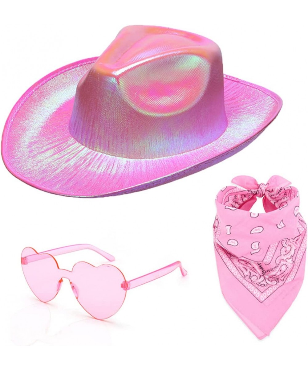 Holographic Pink Space Cowgirl Hat with Heart Glasses Bandana Metallic Neon Rave Sparkly Women Cowboy Hats Rodeo Party(Pink) ...