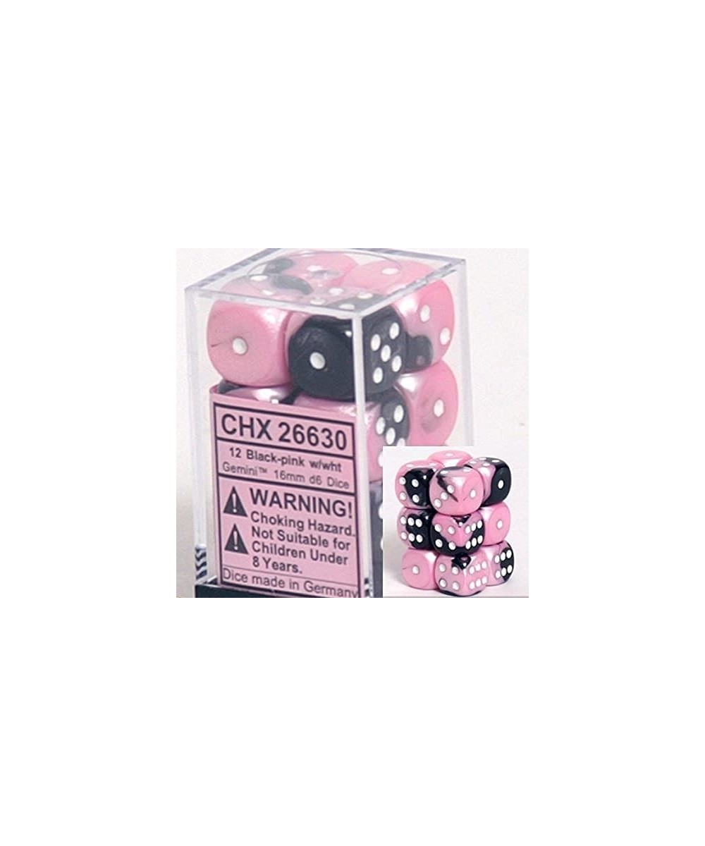 Dice d6 Sets: Gemini Black & Pink with White - 16mm Six Sided Die (12) Block of Dice $18.37 Game Accessories