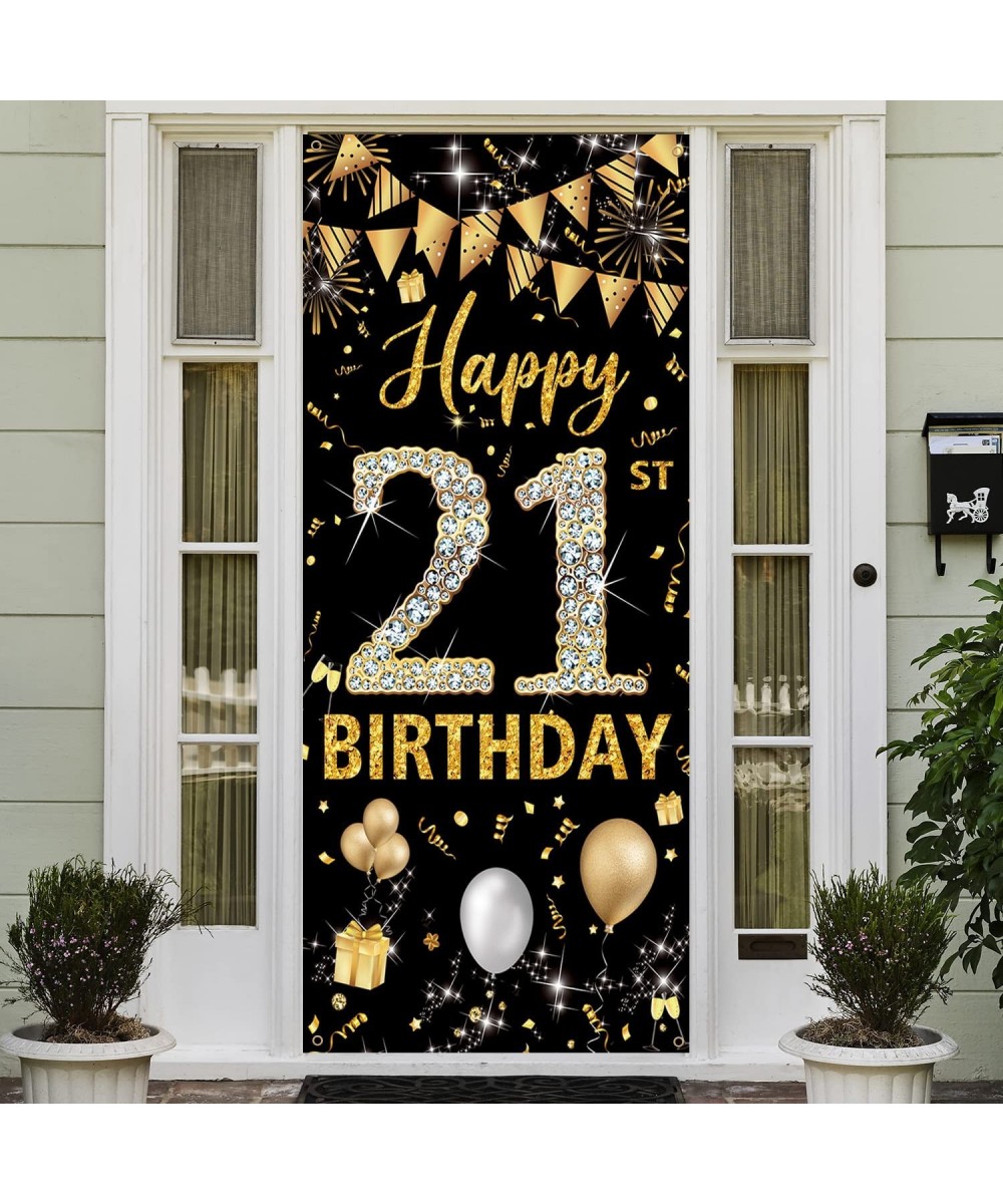 21st Birthday Decorations Door Banner Black Gold Happy 21st Birthday Decorations for Her Him Door Cover Sign Poster Decoratio...