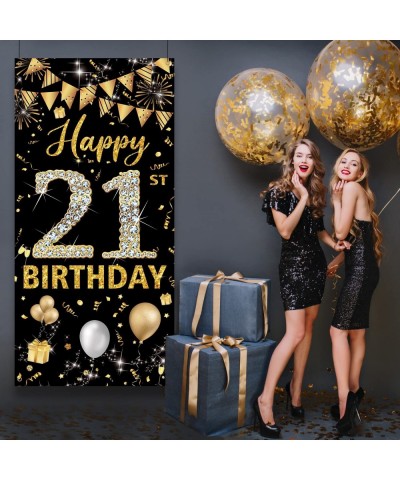 21st Birthday Decorations Door Banner Black Gold Happy 21st Birthday Decorations for Her Him Door Cover Sign Poster Decoratio...