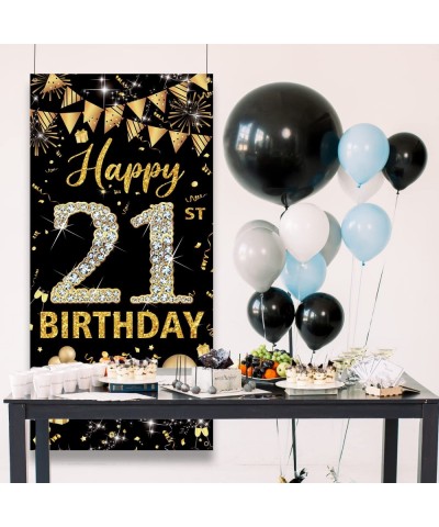 21st Birthday Decorations Door Banner Black Gold Happy 21st Birthday Decorations for Her Him Door Cover Sign Poster Decoratio...