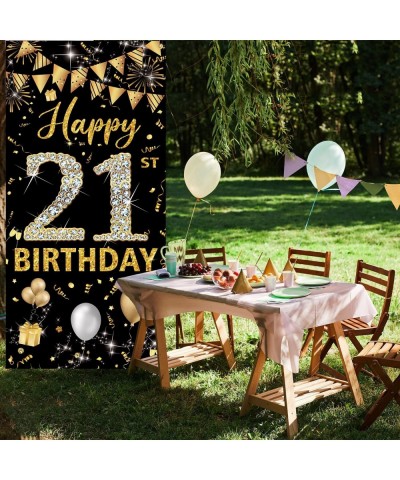 21st Birthday Decorations Door Banner Black Gold Happy 21st Birthday Decorations for Her Him Door Cover Sign Poster Decoratio...