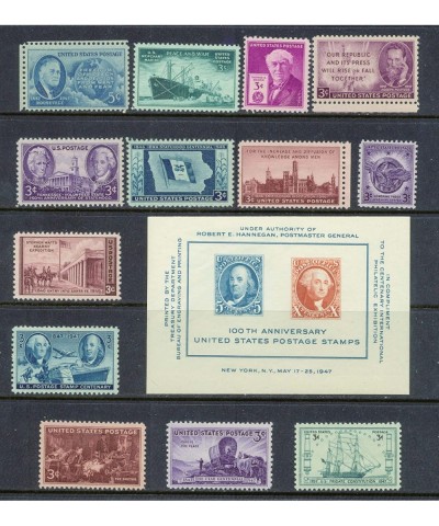 Complete Set of US Commemorative Stamps Issued in 1946 & 1947 Mint Never-hinged Merchant Marines Iowa Centennial Tennessee Th...