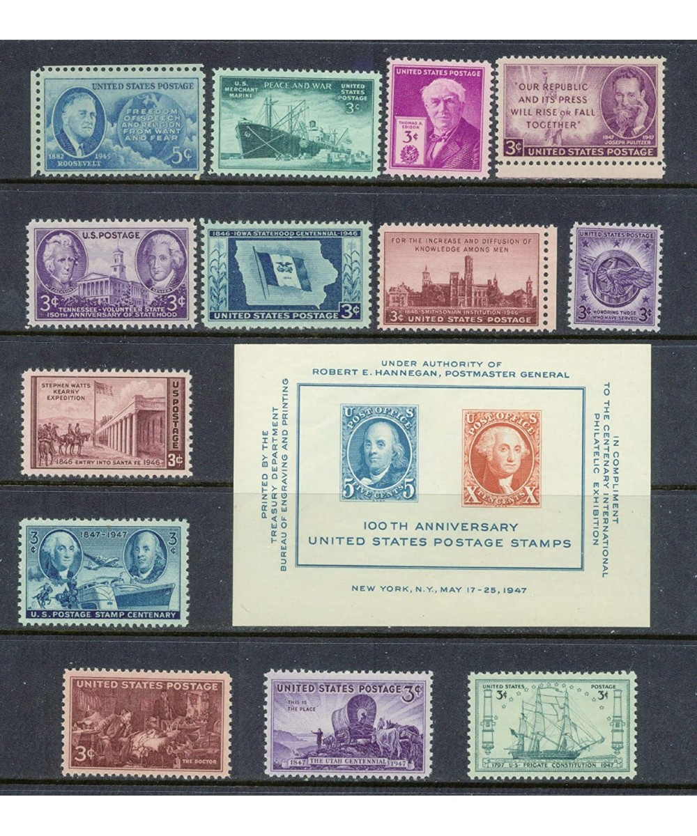 Complete Set of US Commemorative Stamps Issued in 1946 & 1947 Mint Never-hinged Merchant Marines Iowa Centennial Tennessee Th...