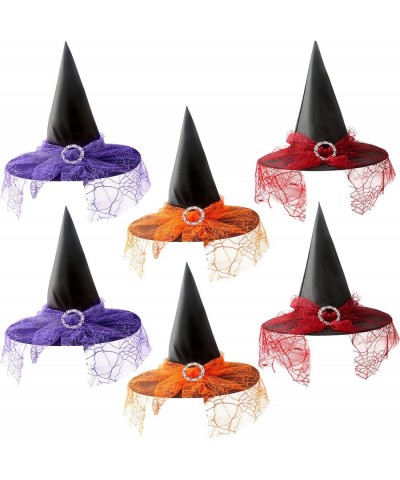 6 Pack Halloween Witch Hat Women Girls Witch Hat with See-through Lace Veils Printed Wizard Cap for Halloween Witch Theme Par...