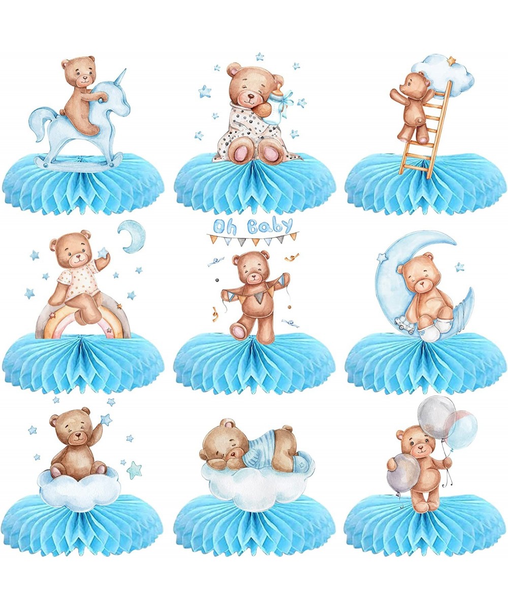 9Pcs Teddy Bear Baby Shower Centerpiece for Boy Bear Honeycomb Centerpieces Watercolor Blue Bear Baby Shower Gender Reveal De...