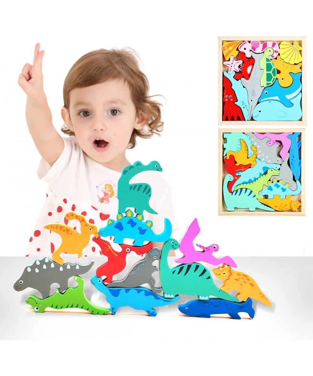 2 Pack Wooden Dinosaur Puzzle for Toddlers 1-3 Dinosaur Sorting and Stacking Toys for Kids 3-5 Wooden Baby Animal Stacking Bl...