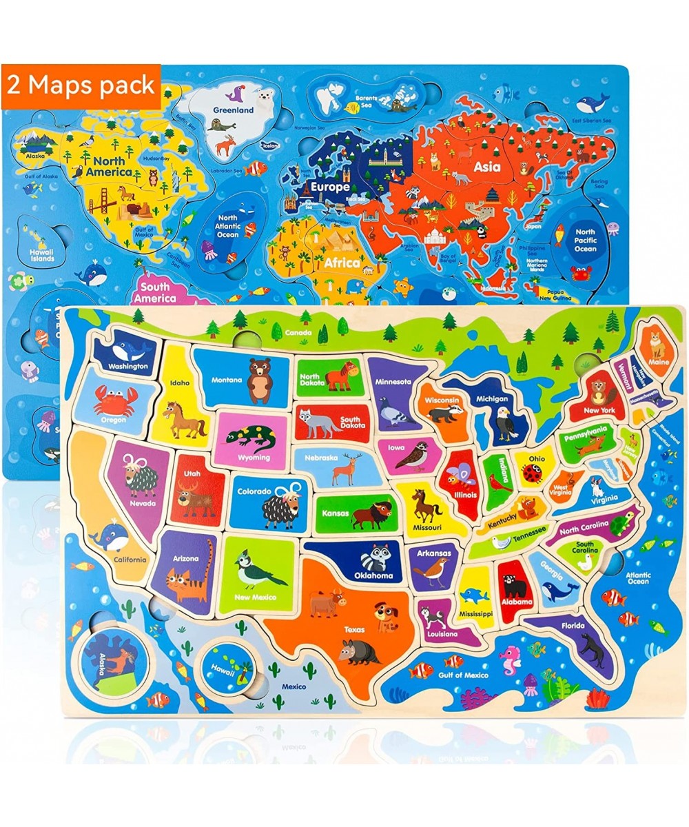 Wooden Puzzles for Kids Ages 4-8 Jigsaw World and USA Map Wood Puzzle with States for Toddlers 3-5 Learning & Educational Gif...