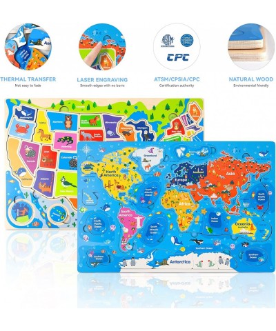 Wooden Puzzles for Kids Ages 4-8 Jigsaw World and USA Map Wood Puzzle with States for Toddlers 3-5 Learning & Educational Gif...