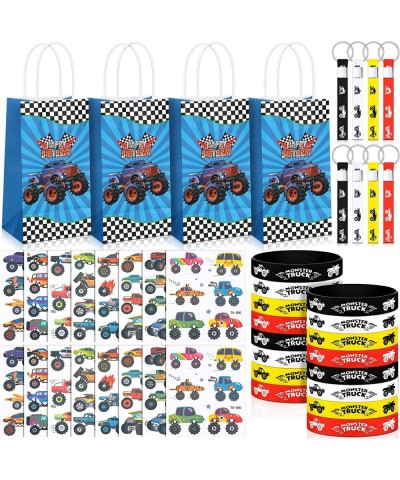 48 Pieces Truck Party Favors Cute Truck Treat Bags Wrist Bands Temporary Silicone Truck Wristbands with Keychain for Kids Bir...