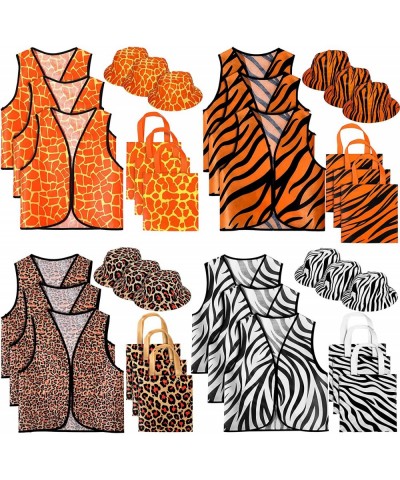 36 Pcs Jungle Safari Kids Animal Print Vest Jungle Animal Costume with 12 Vest 12 Hat and 12 Tote Bags Safari Party Dress up ...