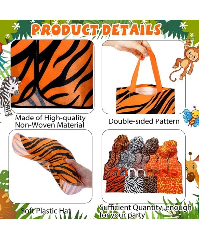 36 Pcs Jungle Safari Kids Animal Print Vest Jungle Animal Costume with 12 Vest 12 Hat and 12 Tote Bags Safari Party Dress up ...