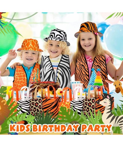 36 Pcs Jungle Safari Kids Animal Print Vest Jungle Animal Costume with 12 Vest 12 Hat and 12 Tote Bags Safari Party Dress up ...