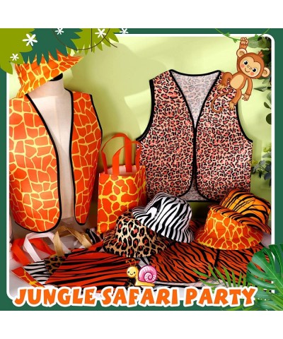 36 Pcs Jungle Safari Kids Animal Print Vest Jungle Animal Costume with 12 Vest 12 Hat and 12 Tote Bags Safari Party Dress up ...