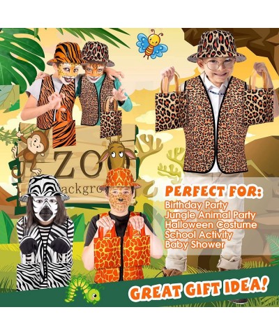 36 Pcs Jungle Safari Kids Animal Print Vest Jungle Animal Costume with 12 Vest 12 Hat and 12 Tote Bags Safari Party Dress up ...