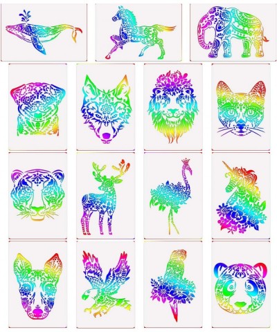 Stencil Drawing for Kids 30 Pcs Rainbow Large Scratch Art Paper + 15 Pcs Animal Drawing Stencils + 10 Wooden Stylus for Kids ...