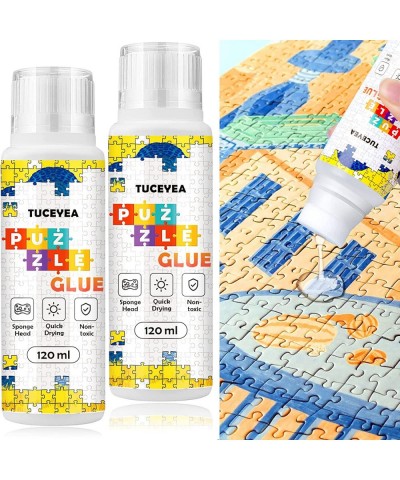 2 Pack 240ml Jigsaw Puzzle Glue with New Sponge Head Suitable for 1000/3000/5000 Pieces of Paper and Wood Puzzle Clear Water-...