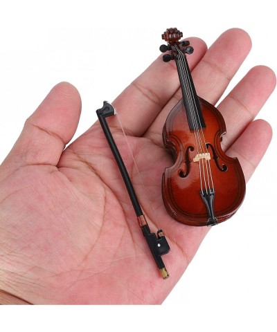 10cm Wooden Miniature Bass Ornament with Stand Bow and Case Mini Replica Musical Instrument Collectible Miniature Dollhouse M...