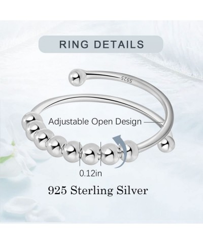 Sterling Silver Fidget Anxiety Ring for Women Adjustable Open Spinner Ring with Rotatable Beads Expandable Stacking Stress Re...