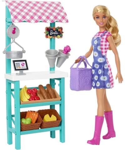 Farmers Market Playset Doll (Blonde) Market Stand Register Vegetables Bread Cheese & Flowers Great Gift for Ages 3 Years Old ...