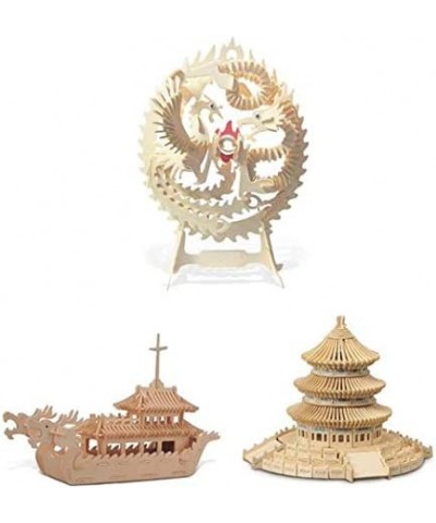 Bundle of Lucky Dragon & Phoenix Dragon Boat and Temple of Heaven Wooden 3D Puzzle Construction Kit Educational DIY Toy Assem...