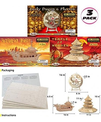 Bundle of Lucky Dragon & Phoenix Dragon Boat and Temple of Heaven Wooden 3D Puzzle Construction Kit Educational DIY Toy Assem...