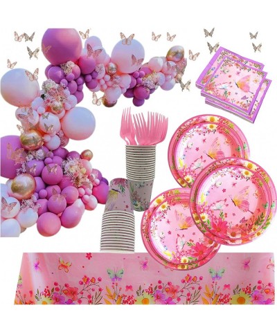 Butterfly Birthday Party Supplies - Party Plates Cups Napkin Set Forks Tablecloth Latex Balloon Arch Kit 3D Wall Decor for Pa...