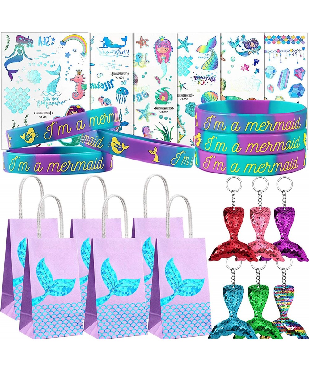 24 Pieces Mermaid Bags Bracelets Keychains Set Mermaid Silicone Wristband Party Favor Bags Mermaid Stickers Temporary Keychai...