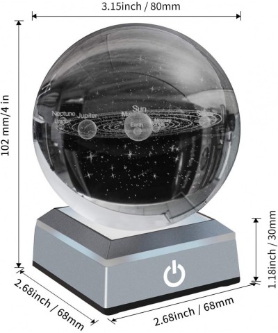 3D Solar System Model Crystal Ball 80mm 3.15" Laser Engraved Hologram with Light Up Base Planet Model Science Astronomy Learn...