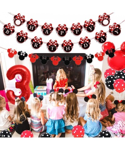 Cartoon Mouse 3rd Birthday Decorations Party Supplies Red and Black - Happy Birthday Banner Felt Garland Cake Topper Birthday...