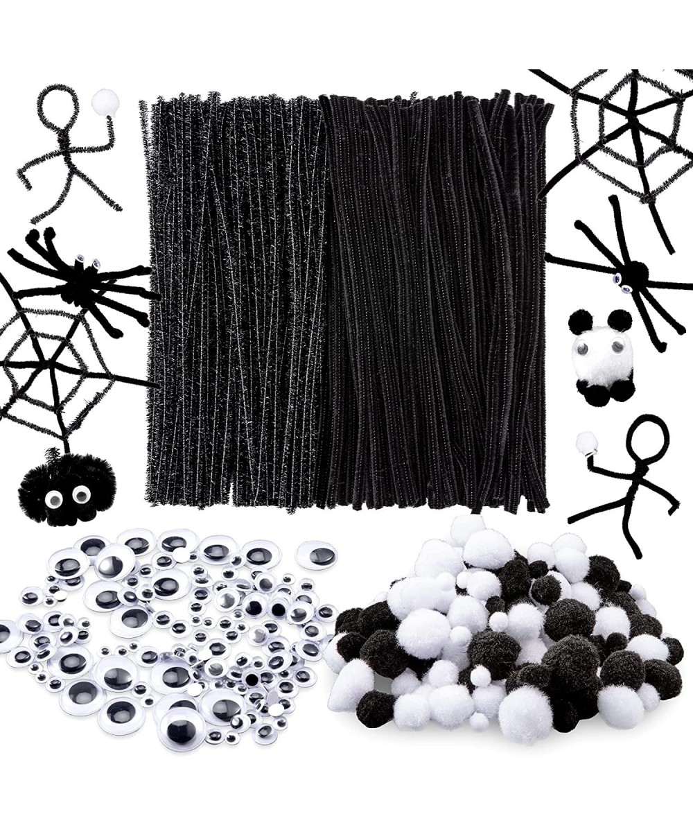 600Pcs Halloween Pipe Cleaners Set 250Pcs Black Glittery Chenille Stems 150Pcs Self-Adhesive Wiggle Eyes 200Pcs White Black P...