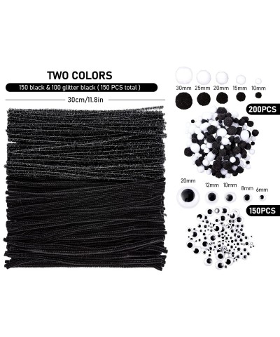 600Pcs Halloween Pipe Cleaners Set 250Pcs Black Glittery Chenille Stems 150Pcs Self-Adhesive Wiggle Eyes 200Pcs White Black P...