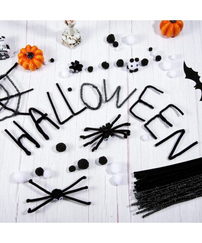 600Pcs Halloween Pipe Cleaners Set 250Pcs Black Glittery Chenille Stems 150Pcs Self-Adhesive Wiggle Eyes 200Pcs White Black P...