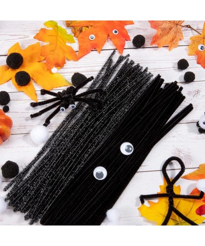 600Pcs Halloween Pipe Cleaners Set 250Pcs Black Glittery Chenille Stems 150Pcs Self-Adhesive Wiggle Eyes 200Pcs White Black P...