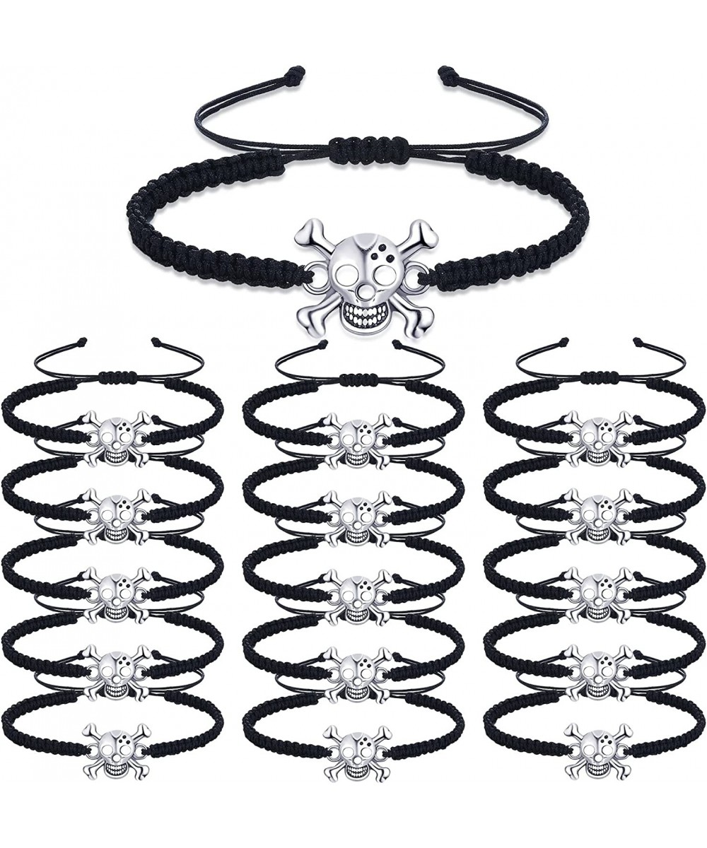 16 Pieces Halloween Skull Bracelets Party Favors Supplies Black Braided Bit Charm Handmade String Bangle Skull Cross Bone Bra...