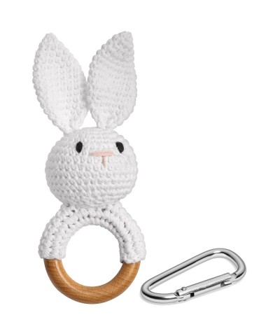 Crochet Bunny Rattle for Baby Boys and Girls - Wooden Teething Ring with Diaper Bag Clip - Natural Cotton Baby Bunny Teether ...