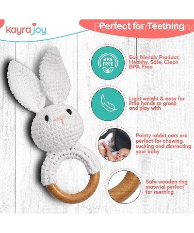 Crochet Bunny Rattle for Baby Boys and Girls - Wooden Teething Ring with Diaper Bag Clip - Natural Cotton Baby Bunny Teether ...