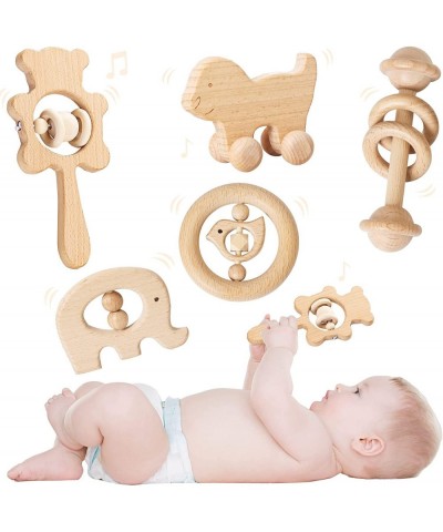 Natural Wooden Rattles Gym Intellectual Puzzle Toys 5pc Set Montessori Toys for Baby Boys Girls $45.95 Baby Rattles & Plush R...