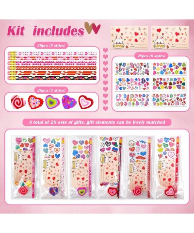 28 Pack Valentine's Day Stationary Kits Kids Classroom Gift Change Toys Pencils Erasers Stickers for Valentine School Classro...