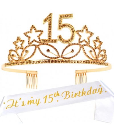 15th Birthday Sash and Tiara for Girls - Fabulous Set: Glitter Sash + Stars Rhinestone Gold Premium Metal Tiara 15th Birthday...