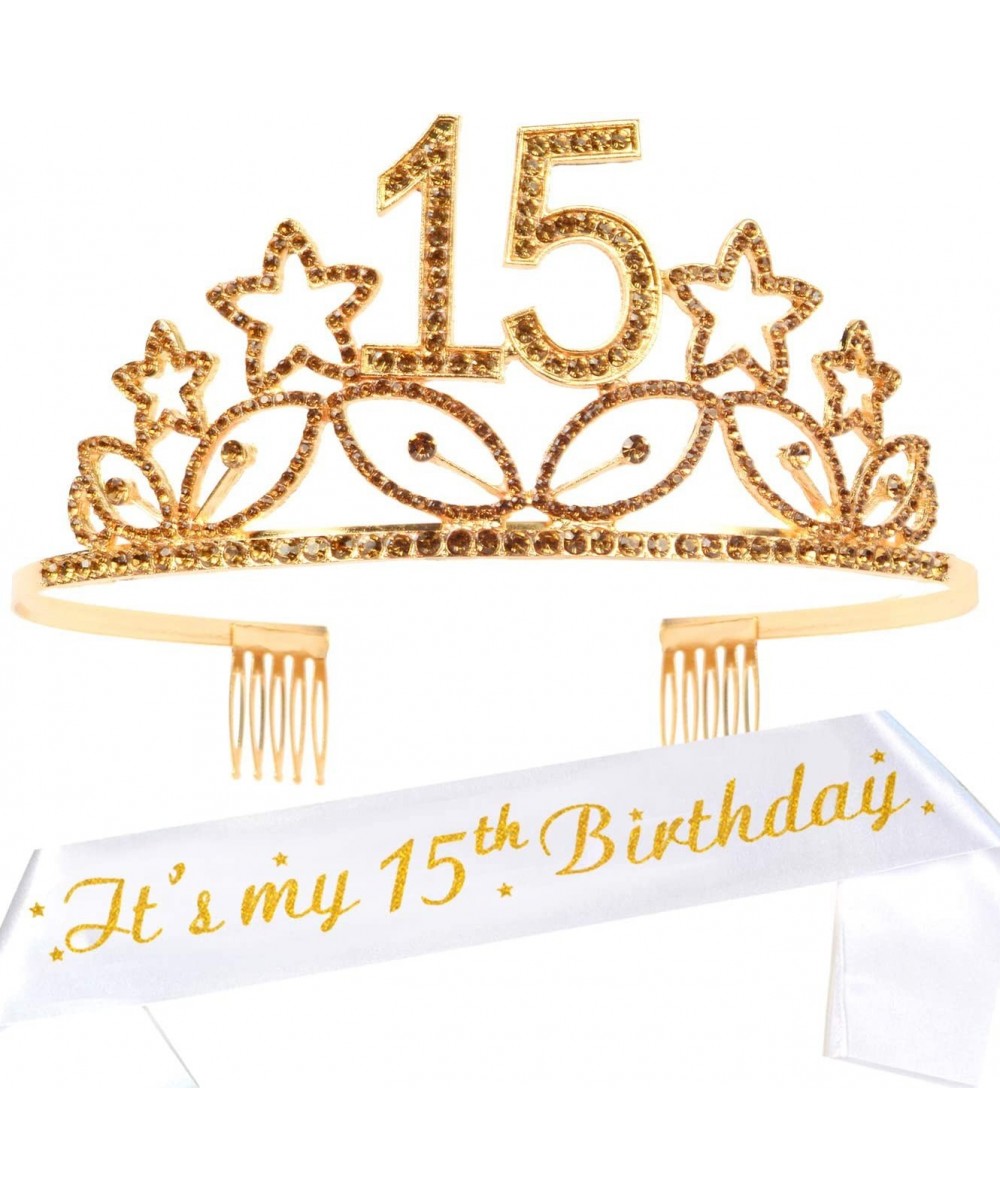 15th Birthday Sash and Tiara for Girls - Fabulous Set: Glitter Sash + Stars Rhinestone Gold Premium Metal Tiara 15th Birthday...